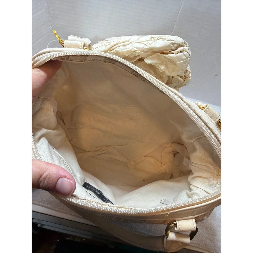 NWT VTG 90s Cara Bella Cream Woven Patchwork Satchel Crossbody Bag‎ Gold Accents